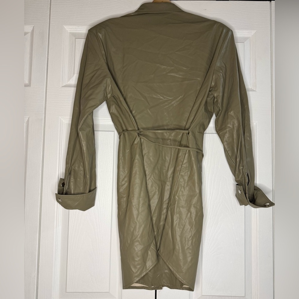 Nookie Off Duty Shirt Dress Khaki Faux Leather Mini Tie Waist Long Sleeve Small - Picture 5 of 7